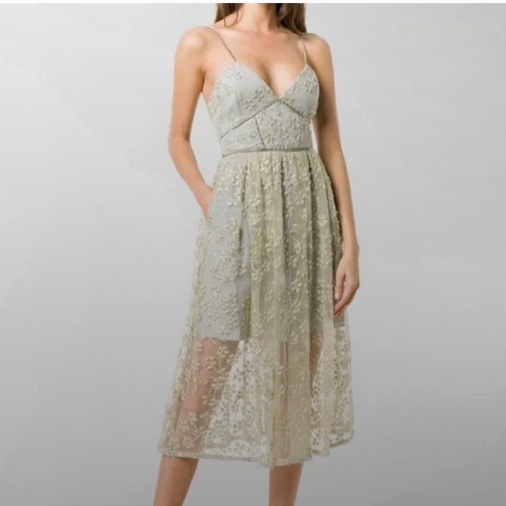 NWT Self-Portrait Gold & Blue Floral Embroidered Mesh Corseted Dress - Picture 9 of 9